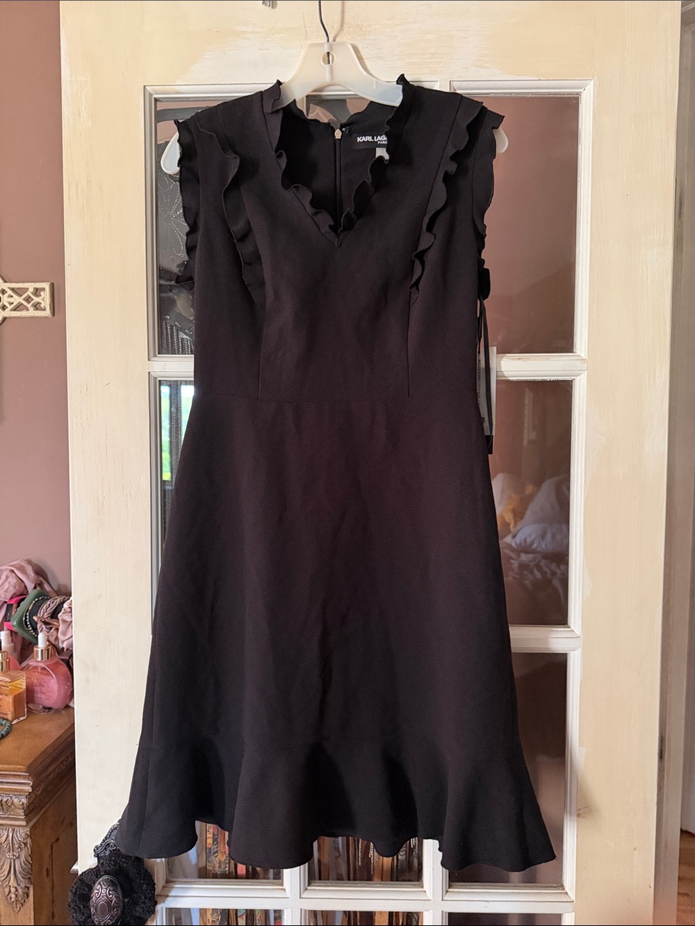 Karl Lagerfeld Paris Black Ruffle V-Neck Midi Dress